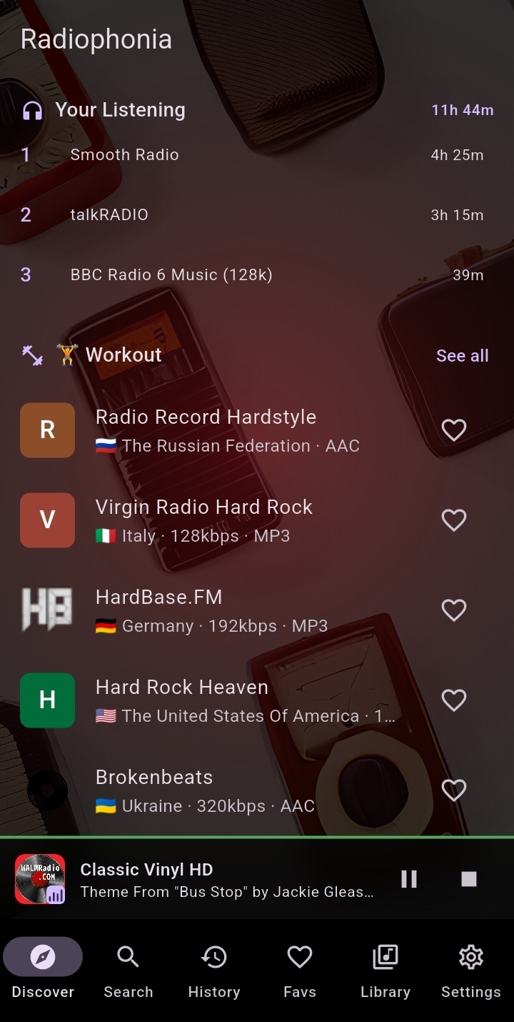Radiophonia app showing a station playing with song history